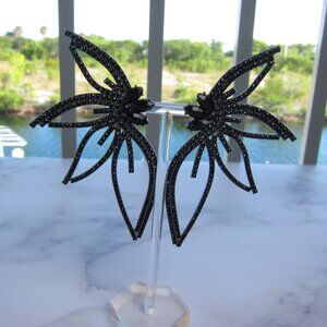 Elegant Big Wing Stud Black Earrings for Women Metallic with Rhinestones